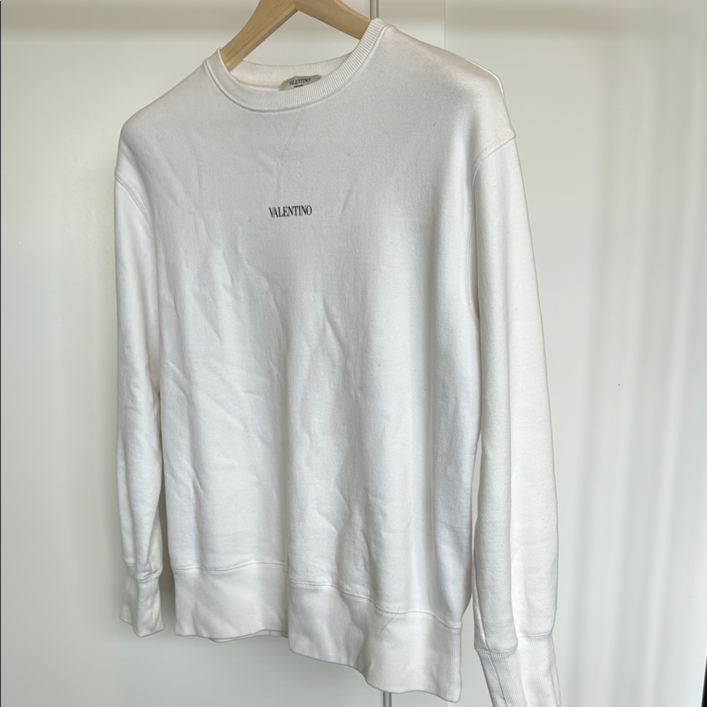 Valentino White Crewneck Sweater with Ribbed Details